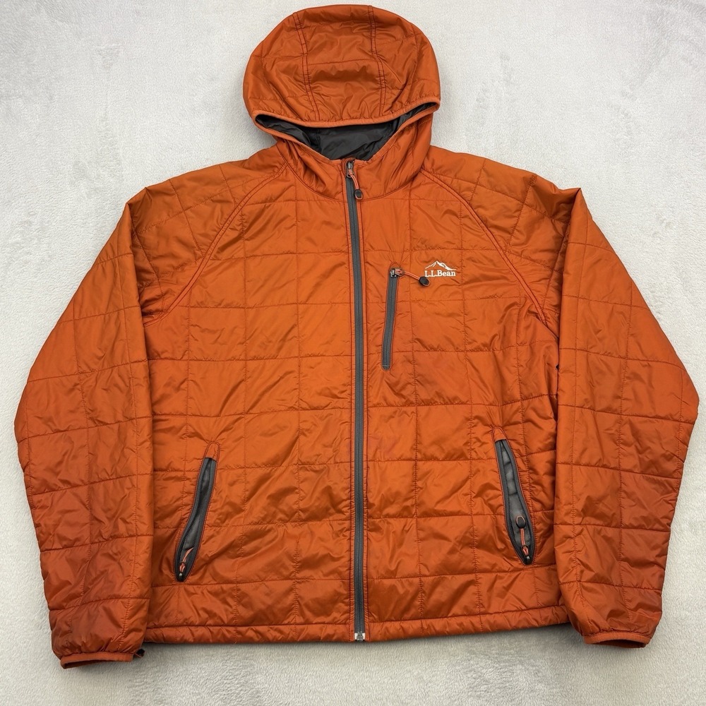 LL Bean Jacket Mens XL Orange Packaway Full Zip Quilted Puffer Hooded Primaloft